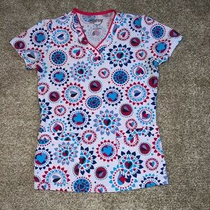 Red White and Blue Heart Design Fitted Women’s Scrub Top Happy Scrubs XS